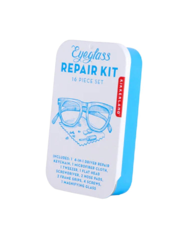 Kit de réparation pour lunettes avec outils et vis en détail