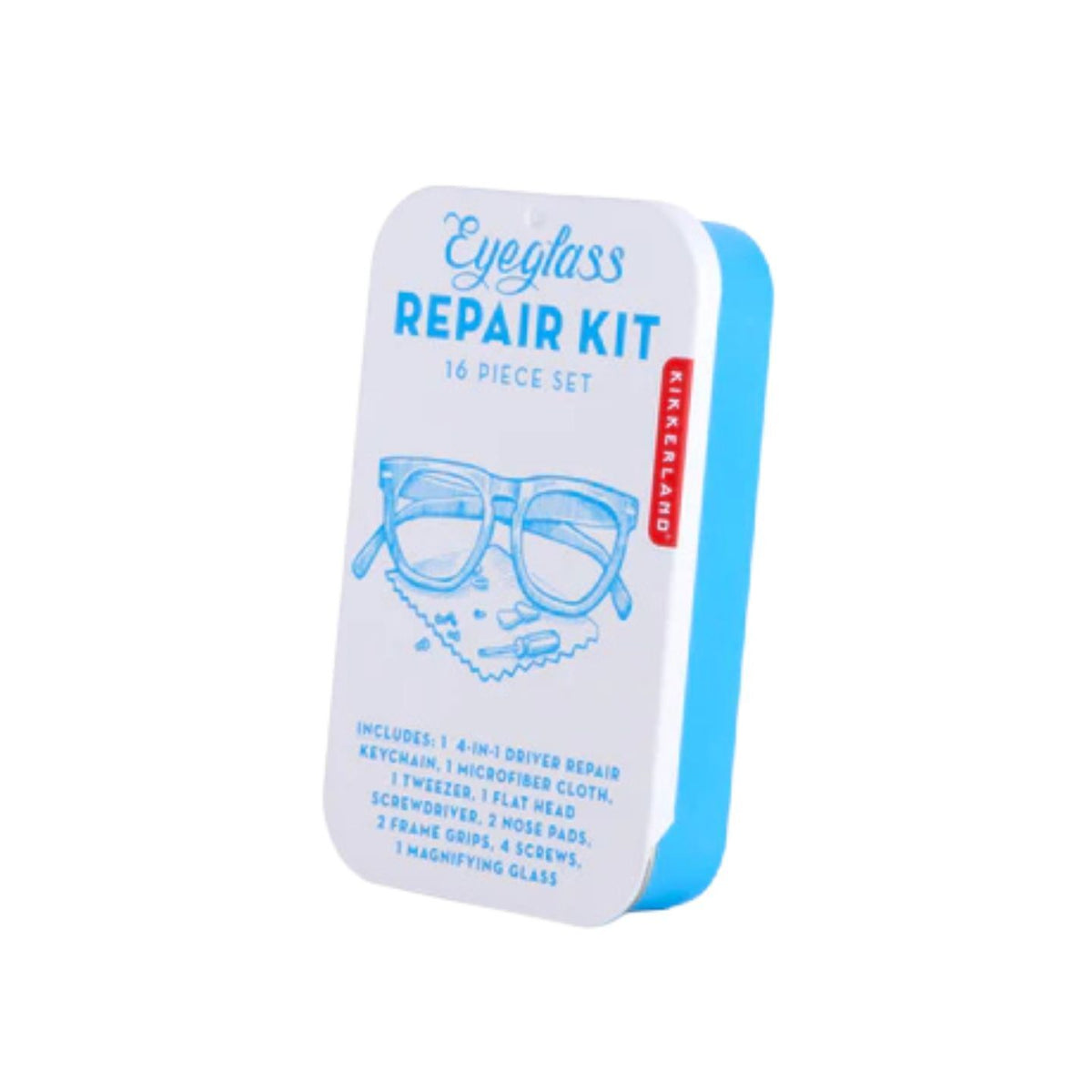 Kit de réparation pour lunettes avec outils et vis en détail