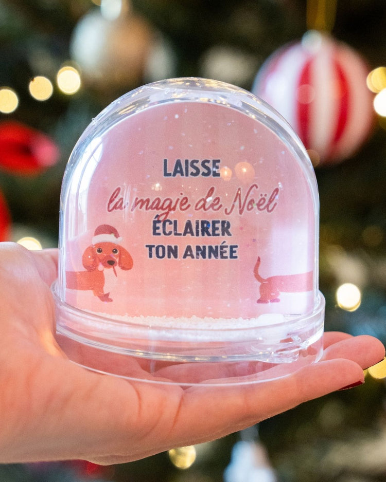 Boule à neige avec teckel en bonnet de Noël, vue de côté