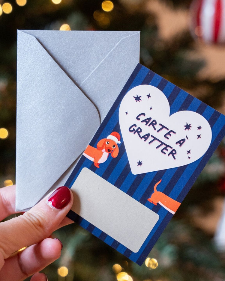 Carte à gratter avec illustration de Père Noël et teckel