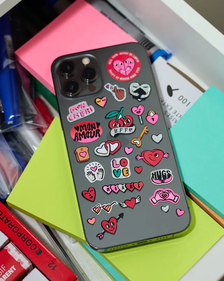 Planche de stickers fluo avec cœurs et mots doux