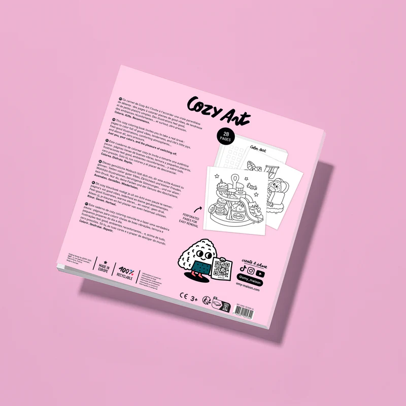 Couverture arrière du carnet de coloriage Cozy Art avec motifs ludiques