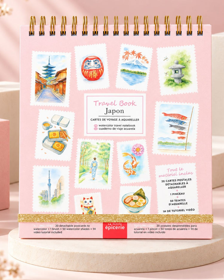 Carnet d'aquarelle ouvert, motifs japonais en détail