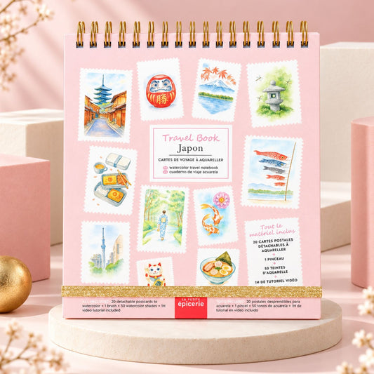 Carnet d'aquarelle ouvert, motifs japonais en détail