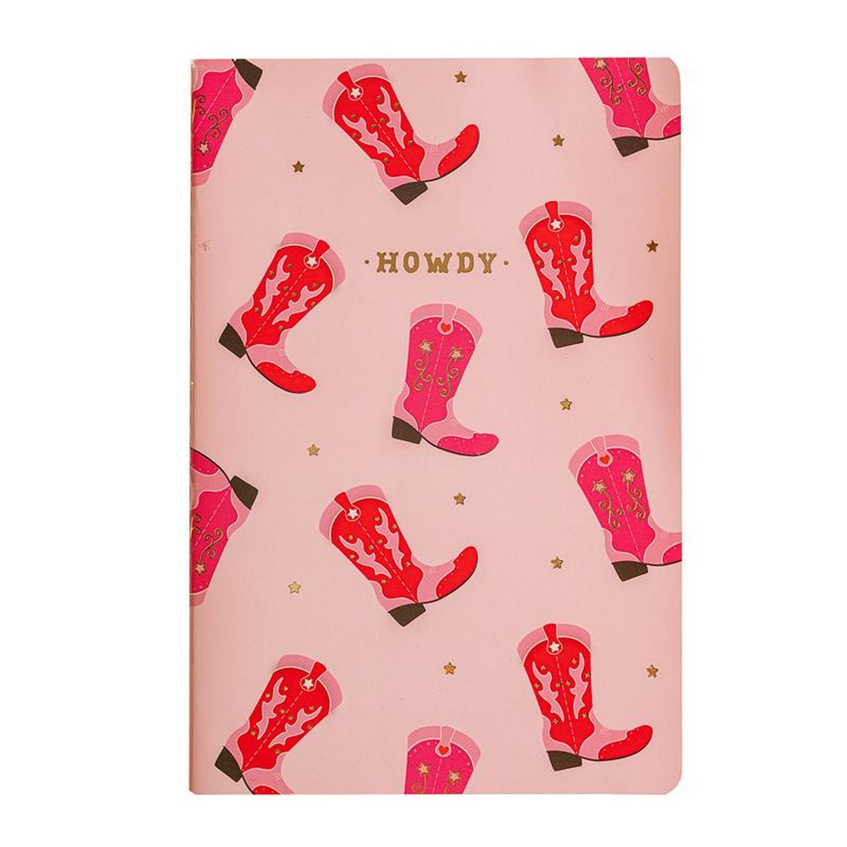 Carnet cowboy avec motif de bottes sur fond clair.
