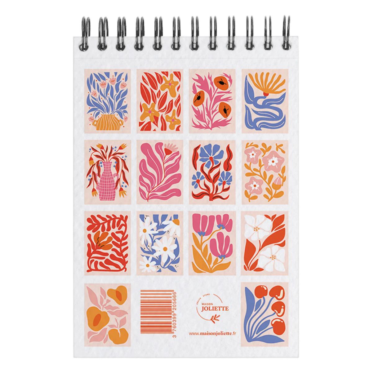 Carnet de coloriage floral ouvert, pages illustrées en détail.