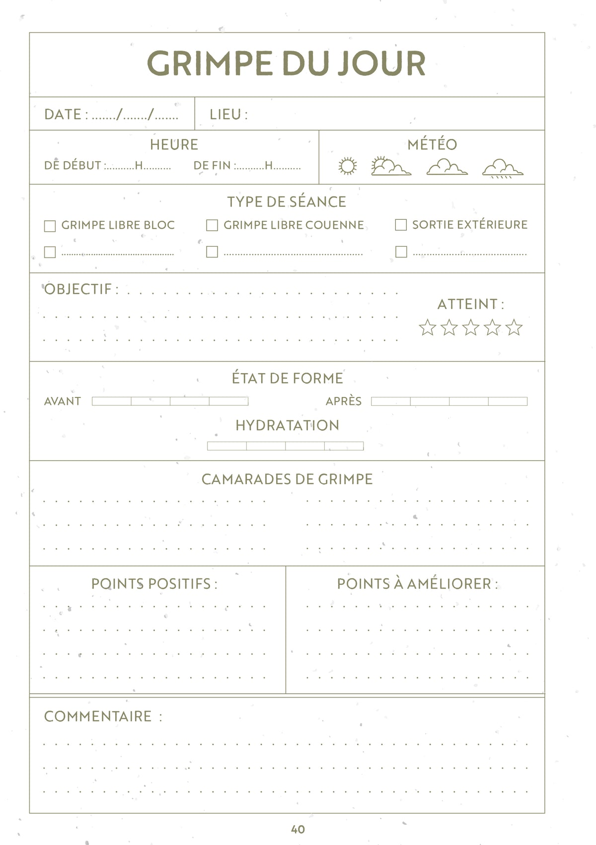 Carnet d'escalade ouvert, pages blanches et couverture texturée.
