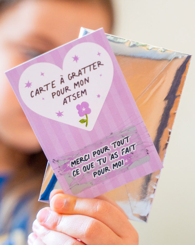 Carte à gratter avec message caché pour Atsem, design coloré