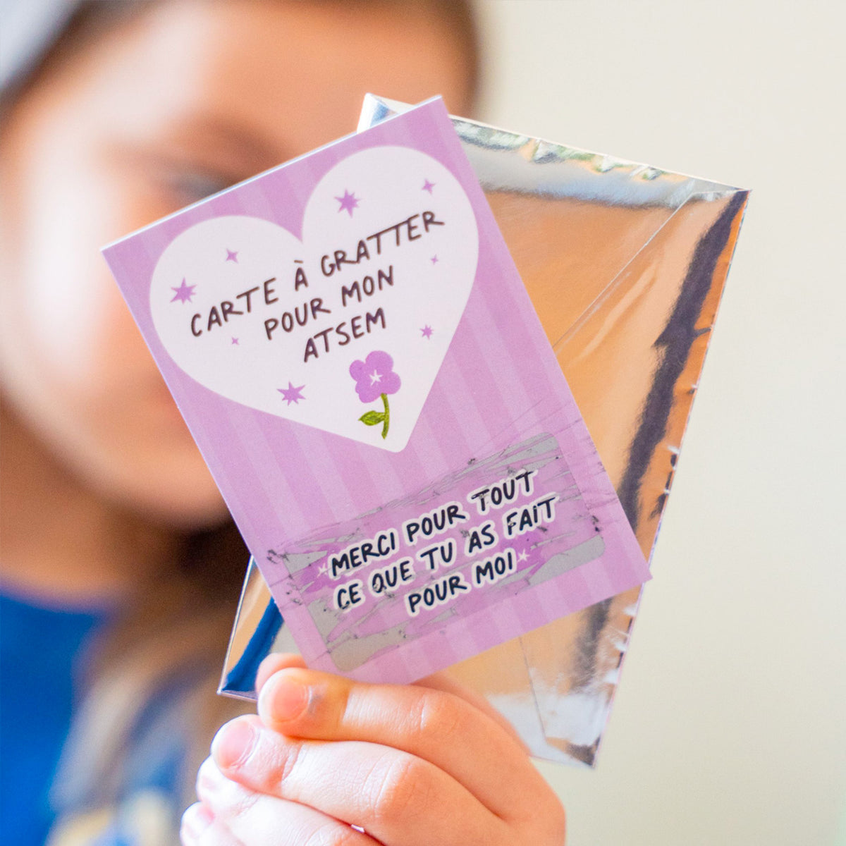 Carte à gratter avec message caché pour Atsem, design coloré