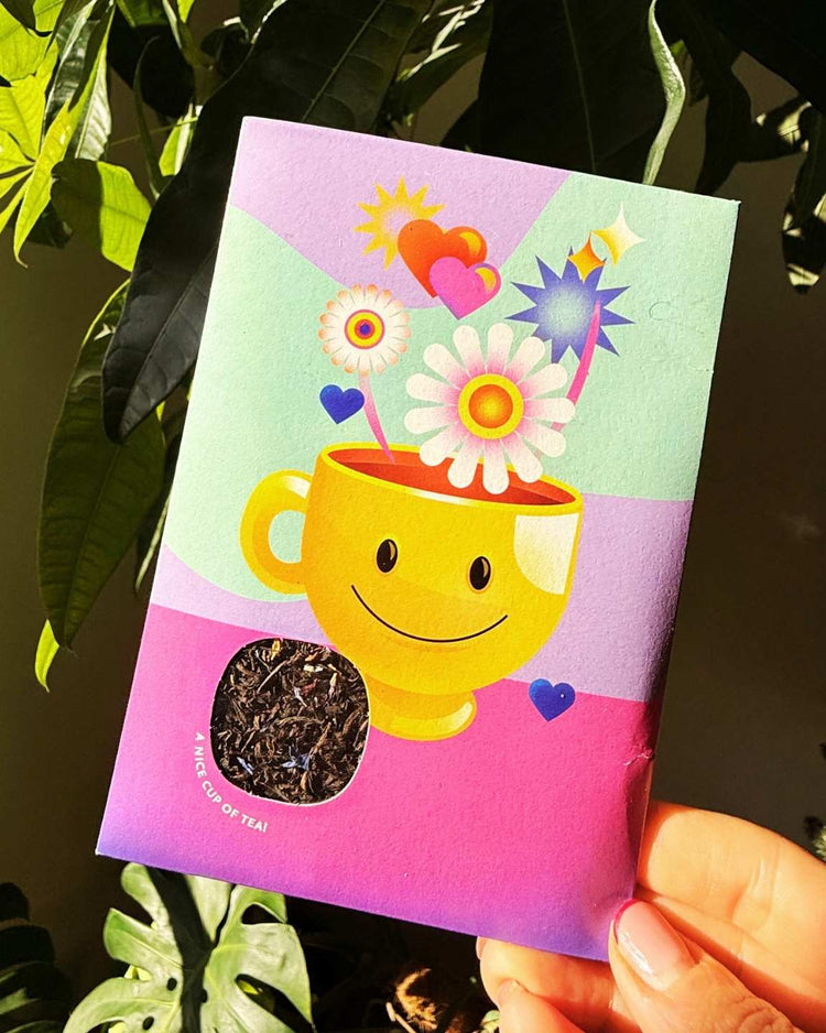 Carte thé Smiley avec motifs joyeux et couleurs vives