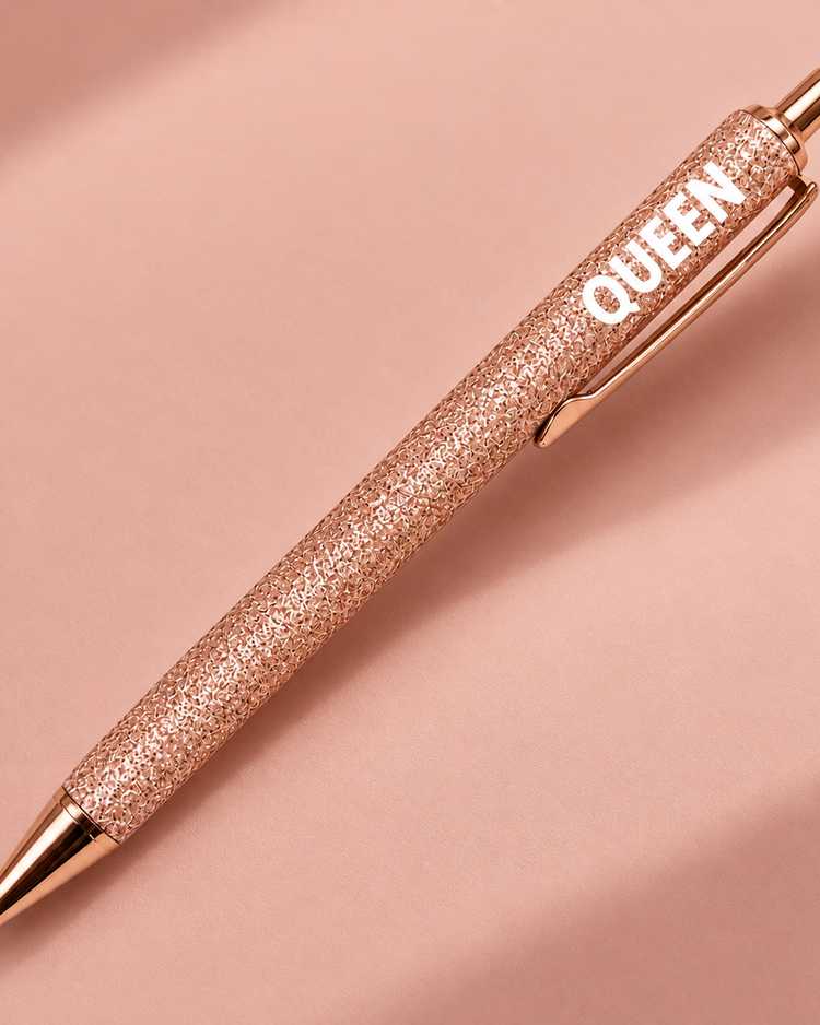 Stylo à paillettes Queen avec un fini rose gold brillant