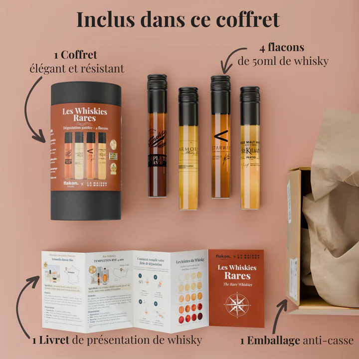 Coffret de dégustation avec 4 bouteilles de whisky en vue rapprochée