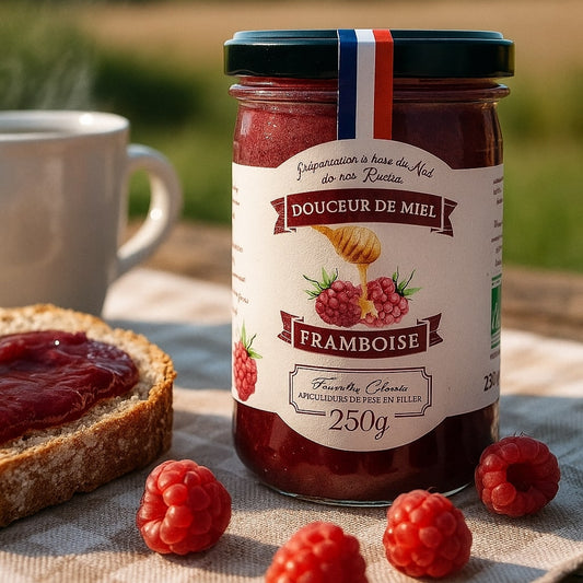 Pot de miel et framboise bio avec texture dorée et fruits visibles.