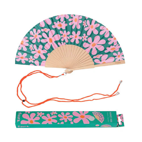Éventail floral avec motifs roses et verts, angle de côté.