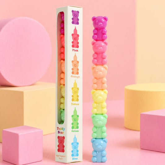 Surligneurs oursons empilables vus de face, couleurs vives