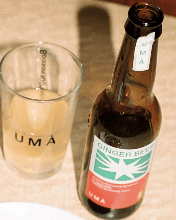 Bouteille de ginger beer bio avec étiquette colorée et design moderne.