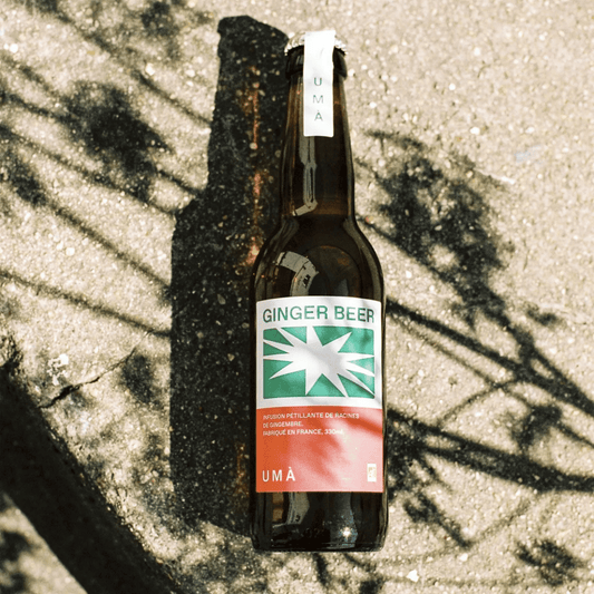 Bouteille de ginger beer bio avec étiquette colorée et bulle d'air