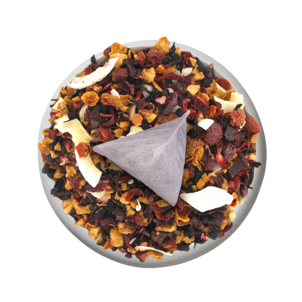 Boîte de thé personnalisée avec infusettes colorées en détail.