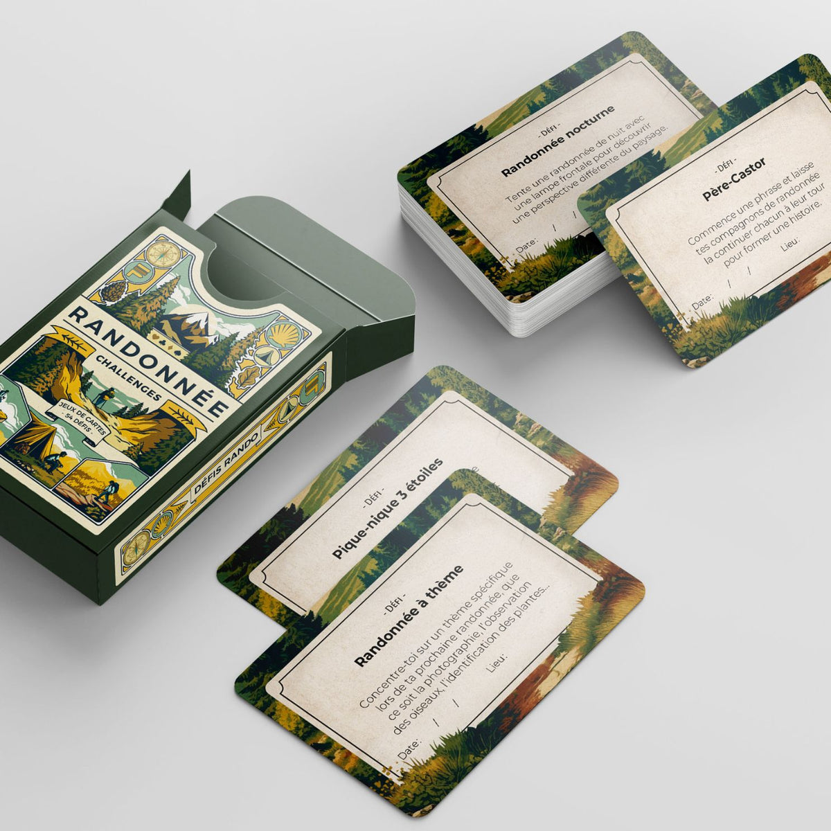Jeu de cartes sur fond naturel, illustrant des défis de randonnée.