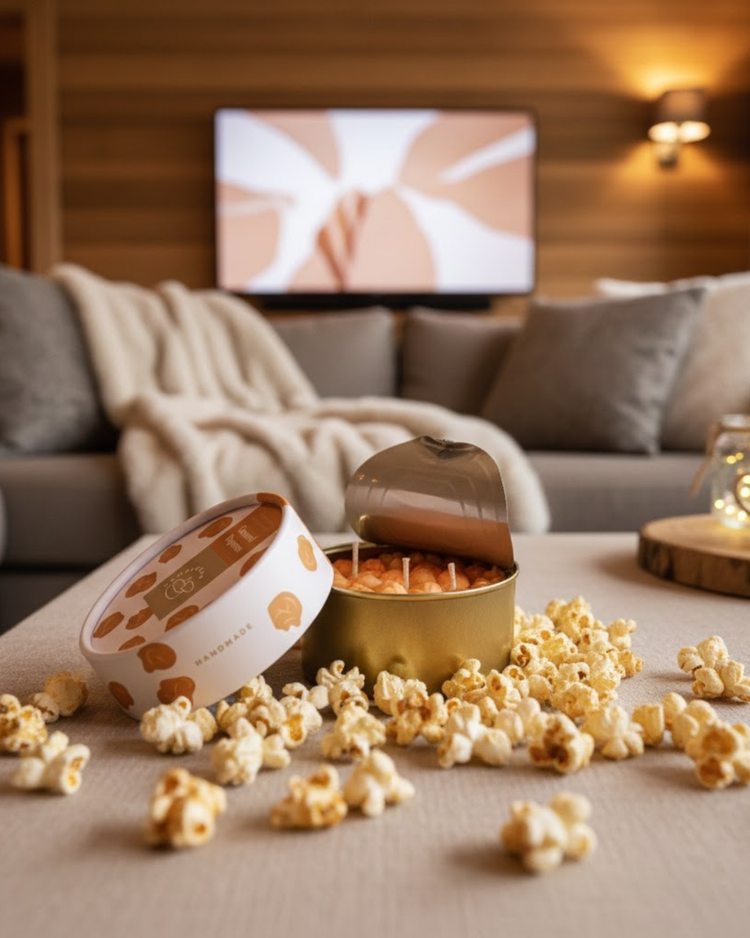 Bougie en forme de bol de pop-corn avec effet caramel