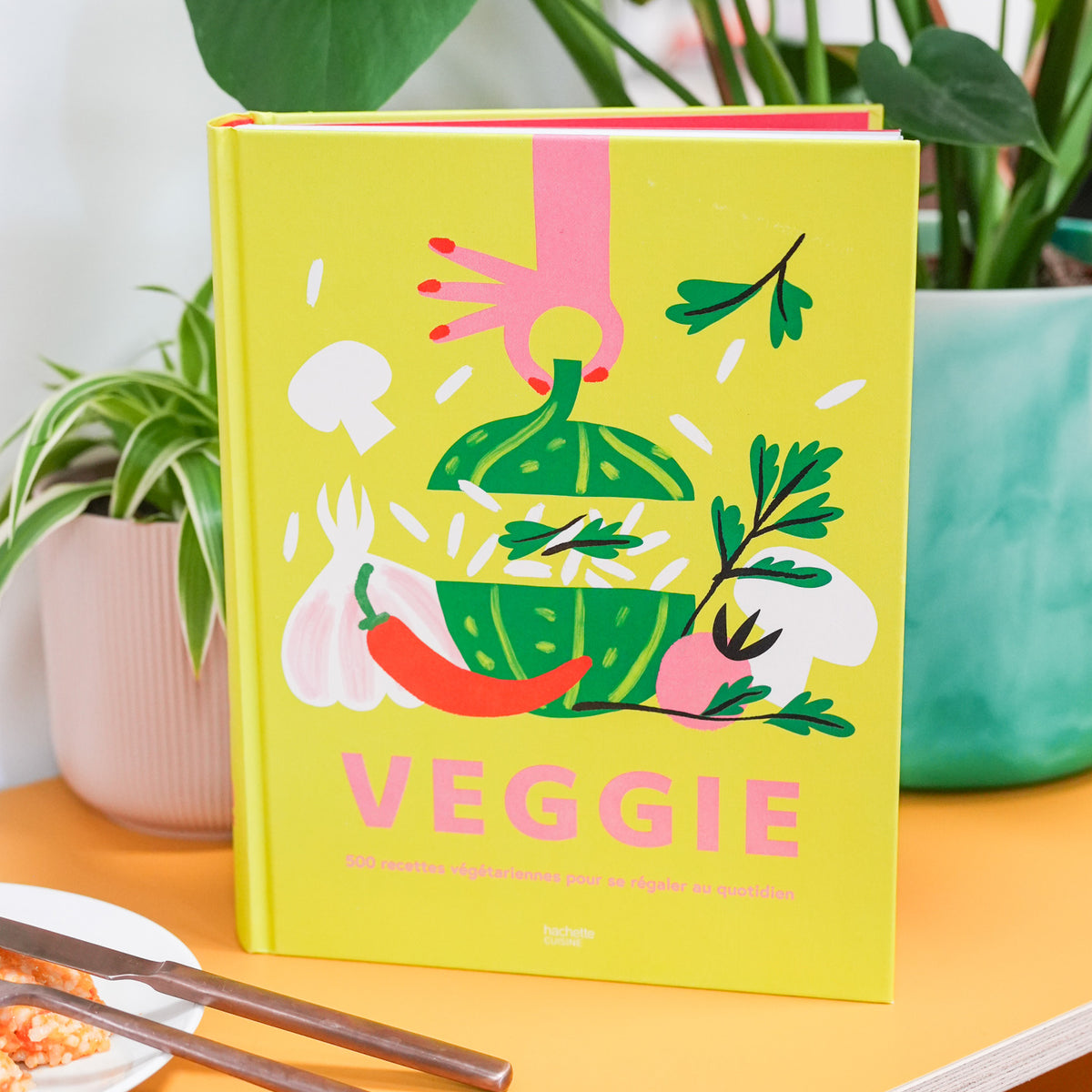 Livre de recettes végétariennes avec une couverture colorée.