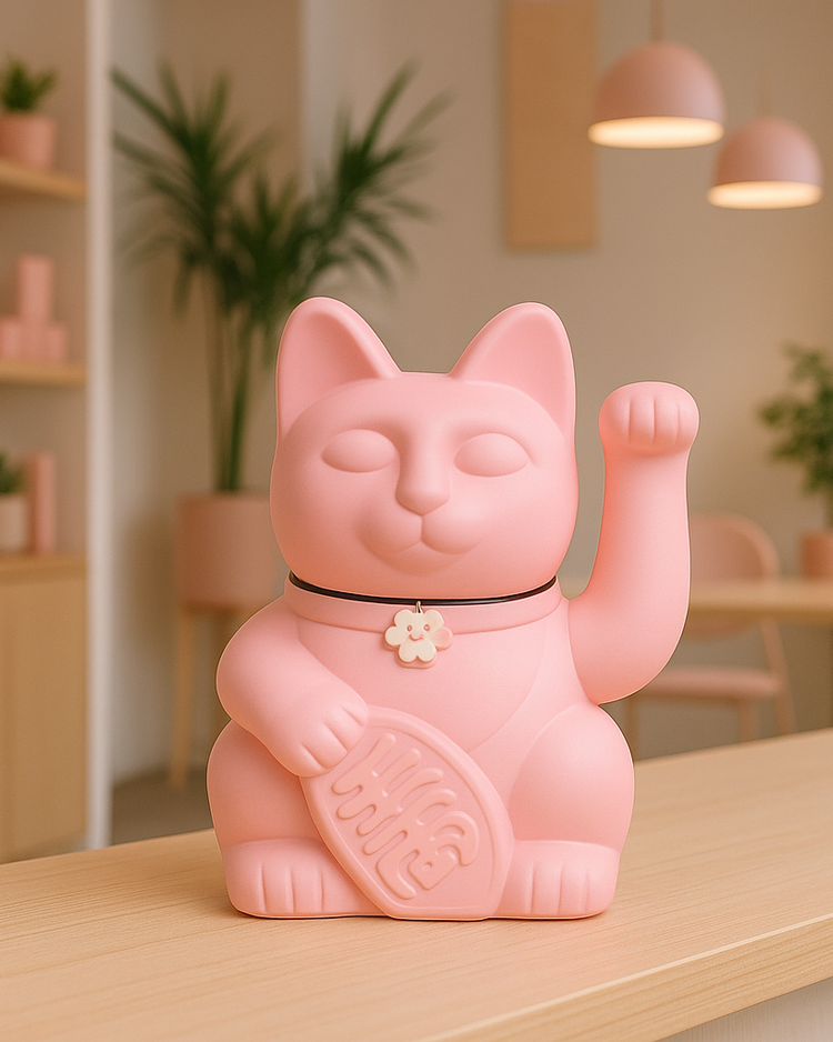 Lucky Cat en rose avec un sourire accueillant et des détails dorés.
