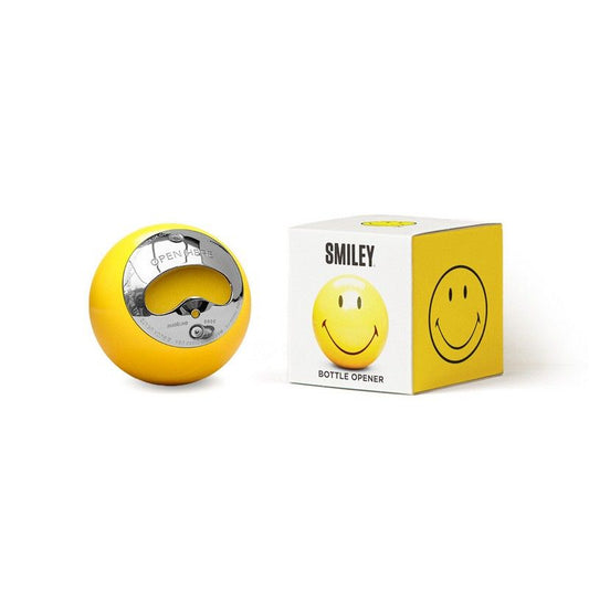 Décapsuleur smiley jaune avec un grand sourire joyeux