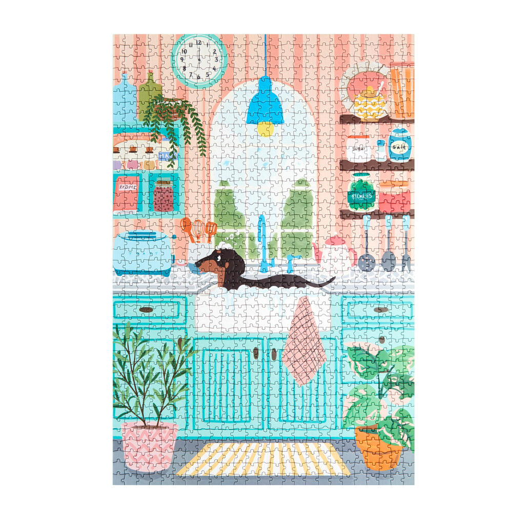 Puzzle représentant un teckel dans un bain moussant coloré.