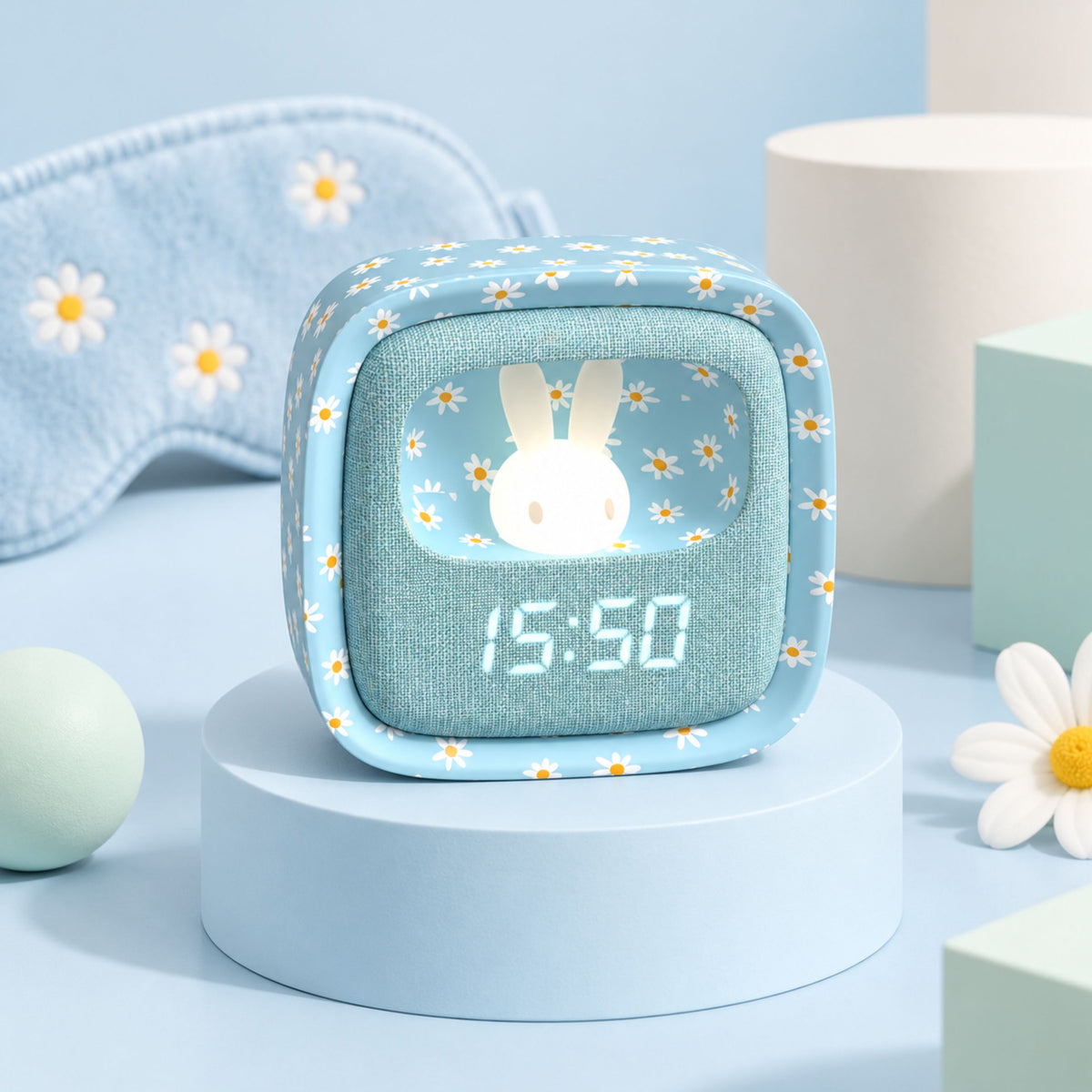 Réveil lapin à fleurs avec texture douce et veilleuse intégrée