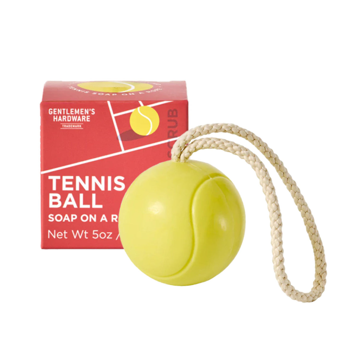 Savon en forme de balle de tennis avec corde, vue de face