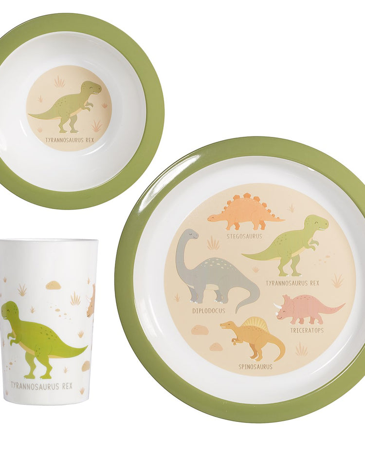 Set repas bébé avec motifs de dinosaures colorés.