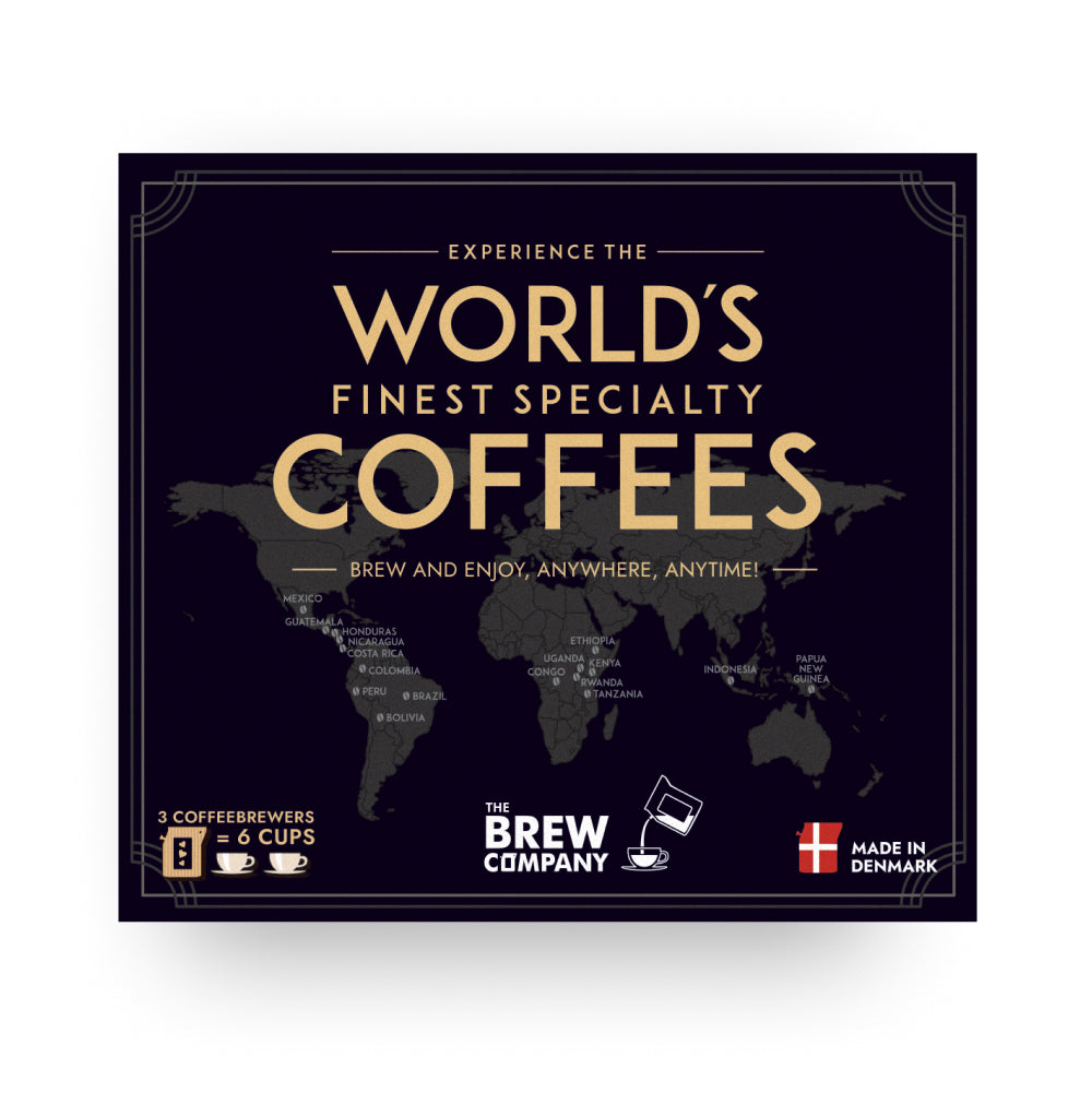 Coffret de café avec sachets colorés et étiquettes distinctives.