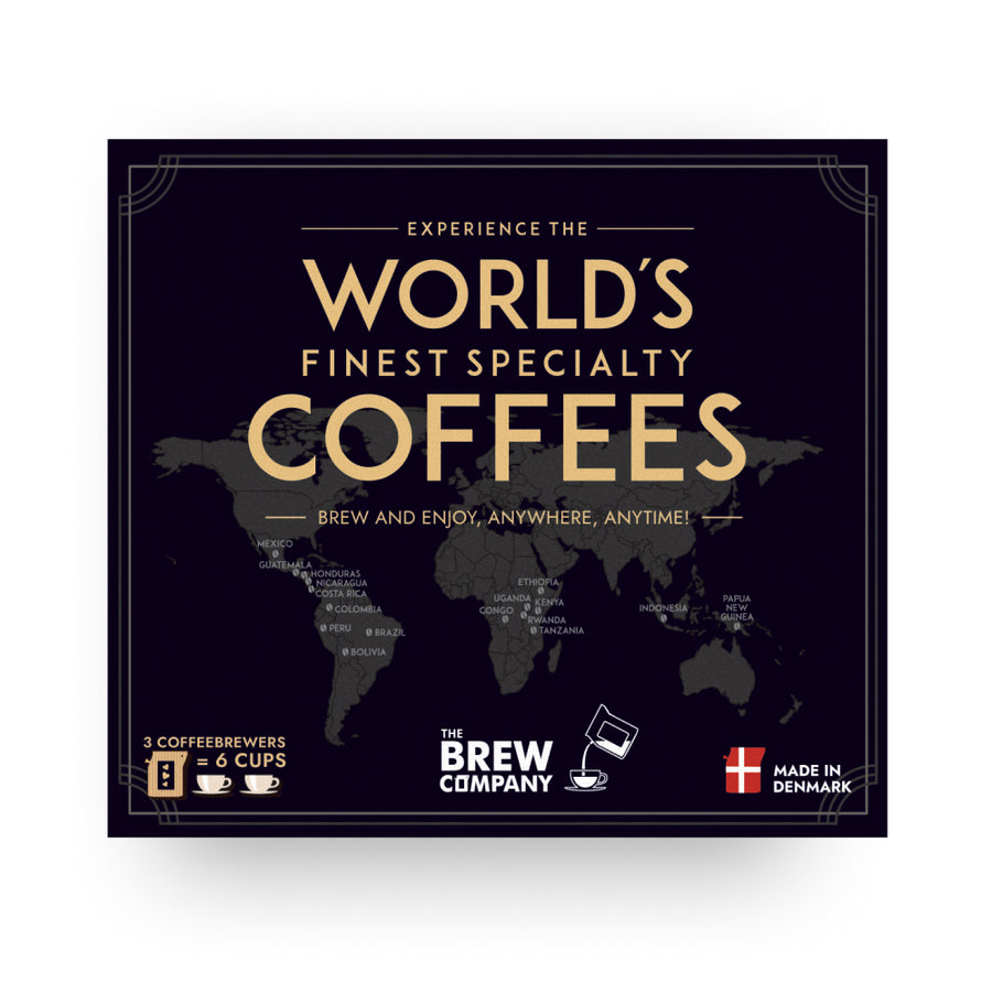 Coffret de café avec sachets colorés et étiquettes distinctives.