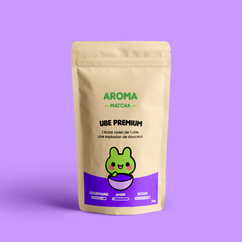 Poudre d'Ube premium en sachet, texture fine et couleur vibrante.