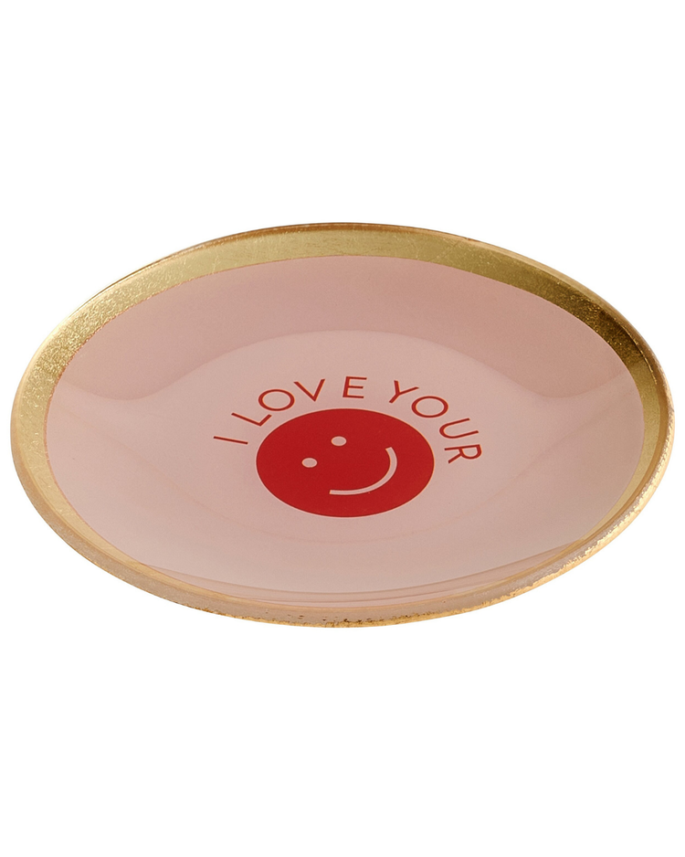 Vide-poche rose et rouge avec inscription sur le devant