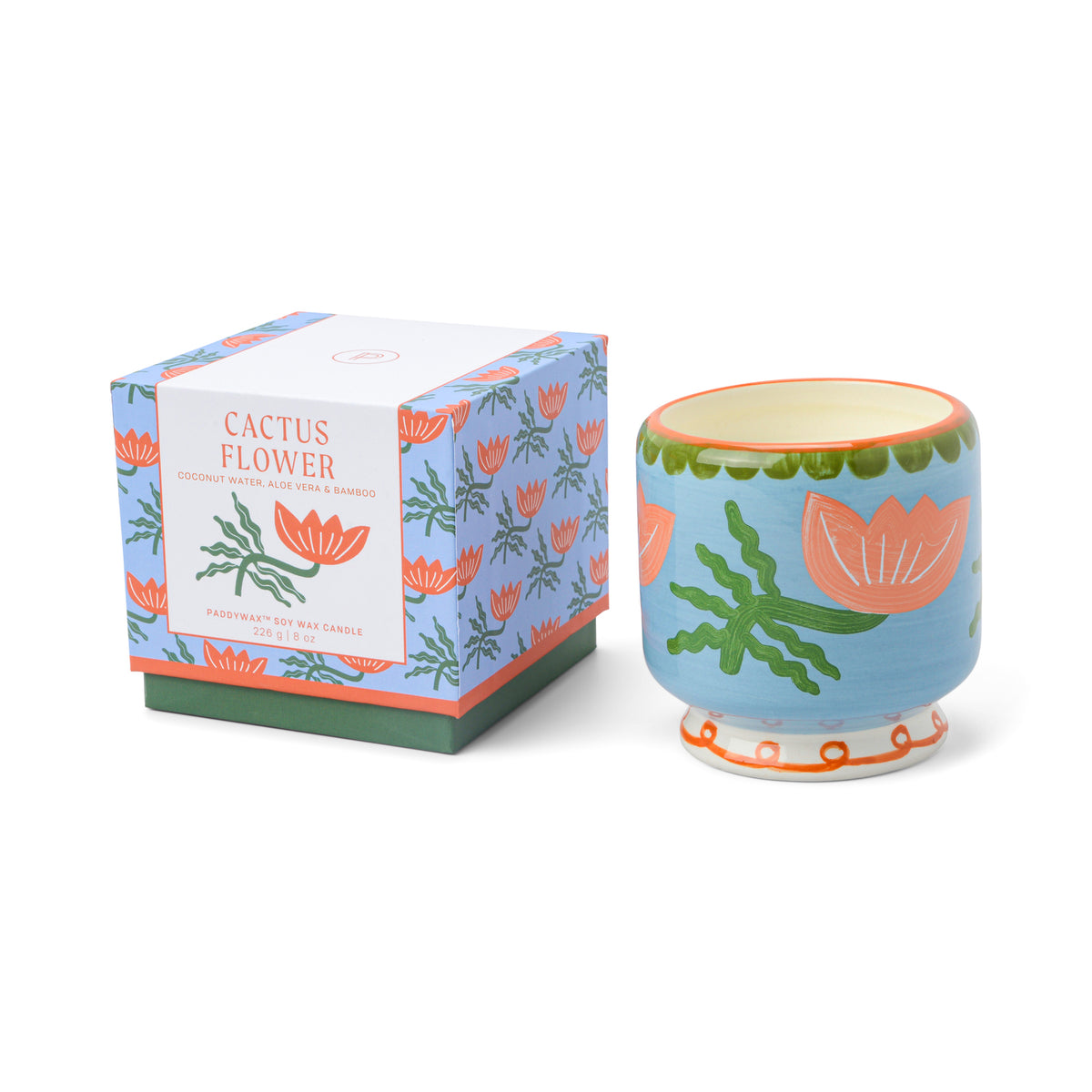 Bougie avec fleur de cactus peinte à la main, vue de côté