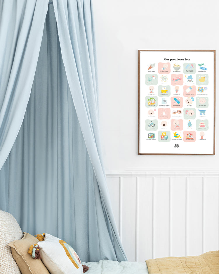 Affiche illustrant les premières fois de bébé, design ludique.