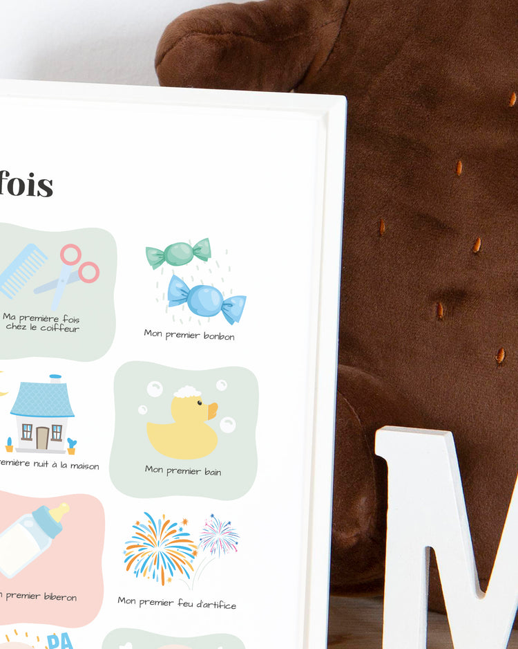 Affiche illustrant les premières fois de bébé, design coloré.