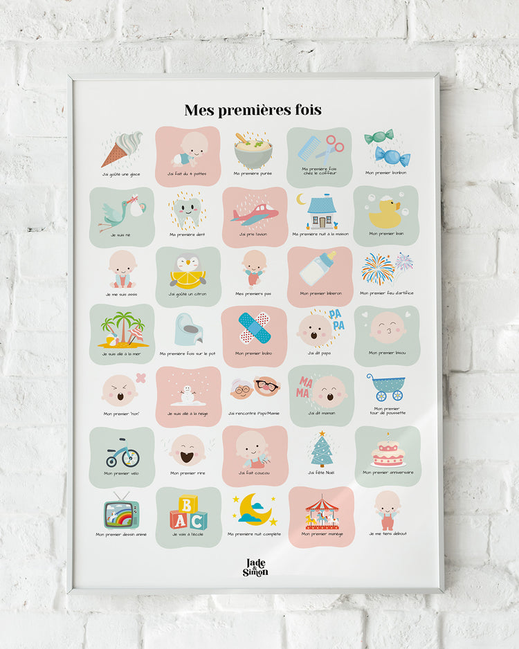 Affiche illustrée des premières fois de bébé, design ludique.