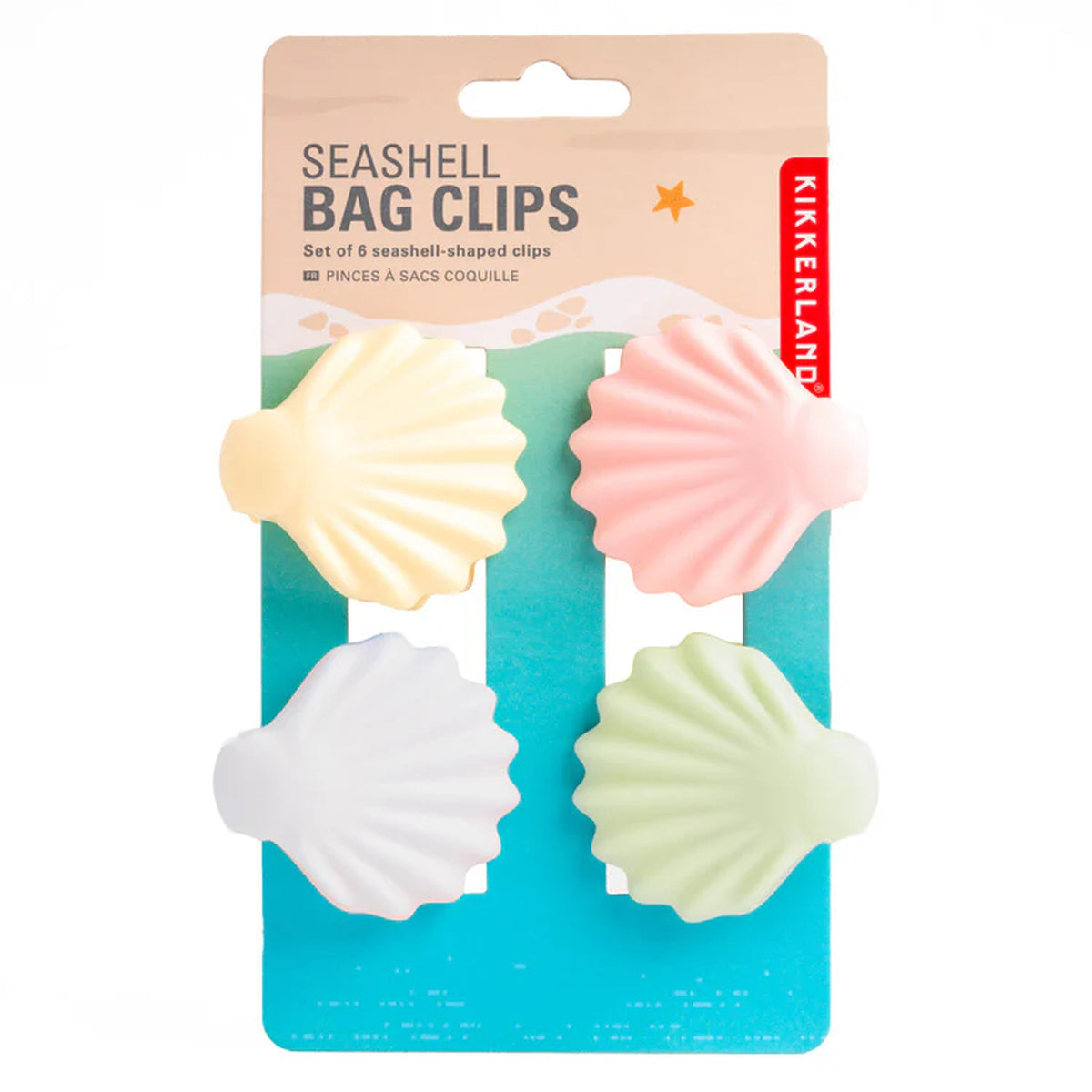 Pinces à sachets en forme de coquillage sur fond blanc