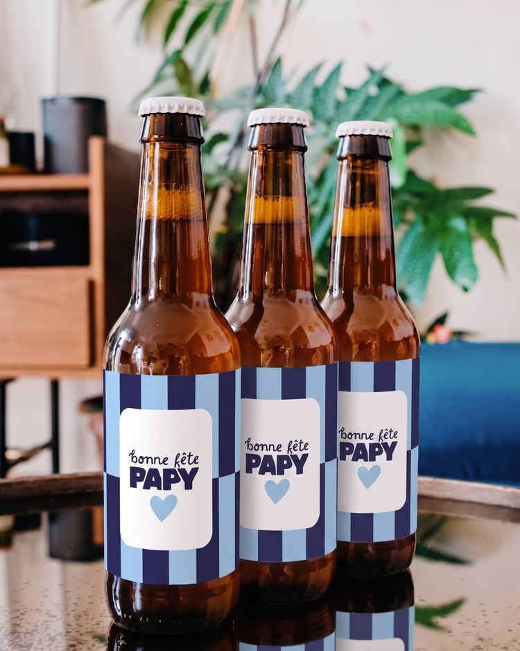 Bière Bonne fête Papy avec étiquette festive et dorée