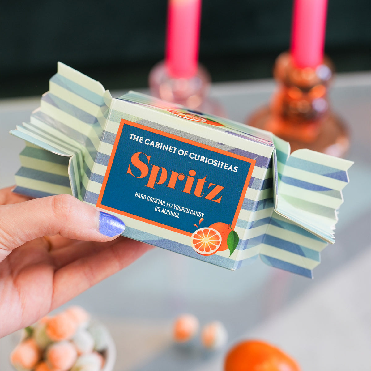 Bonbons Orange Spritz en gros plan, texture brillante et colorée.
