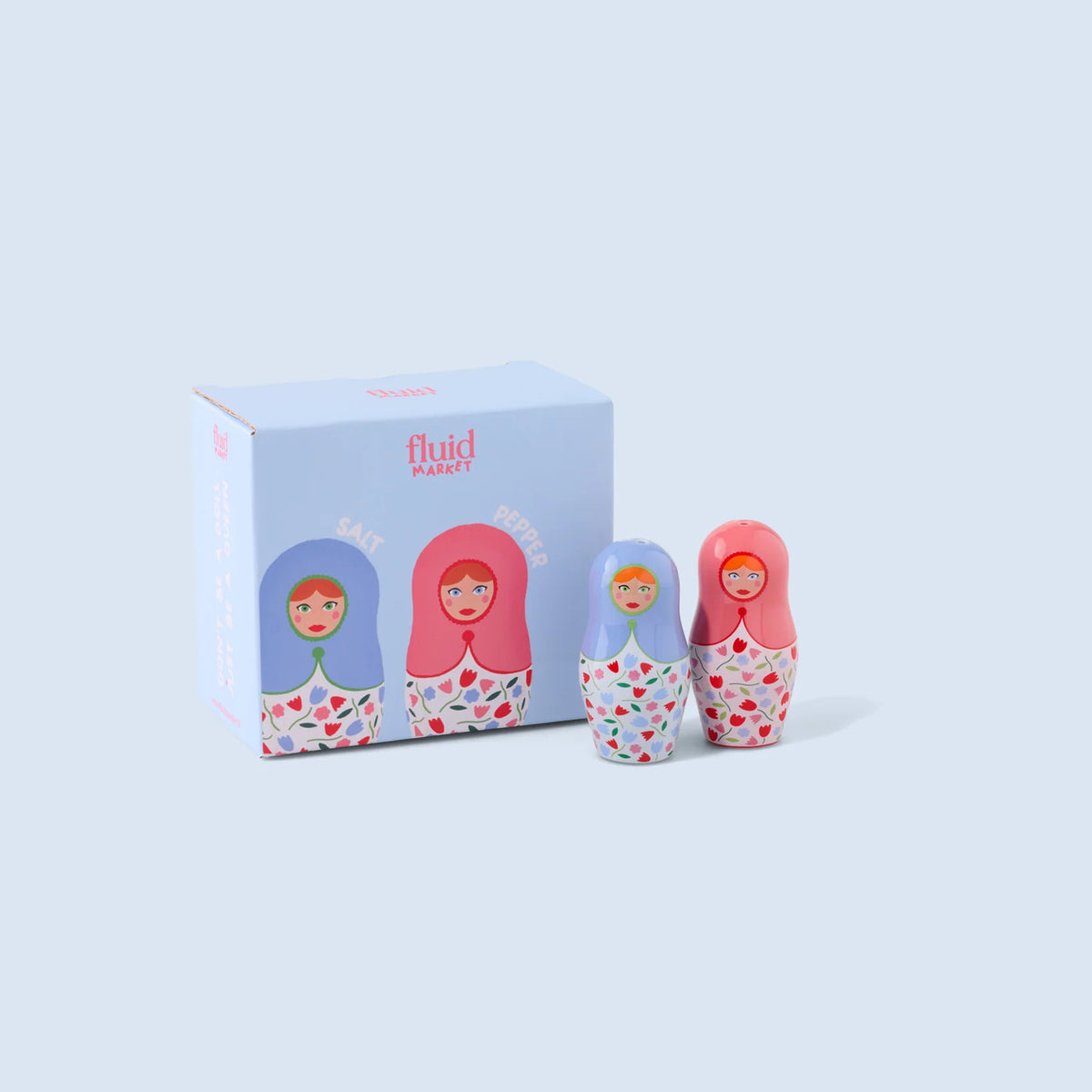 Salière et poivrière en céramique, motif poupées russes colorées
