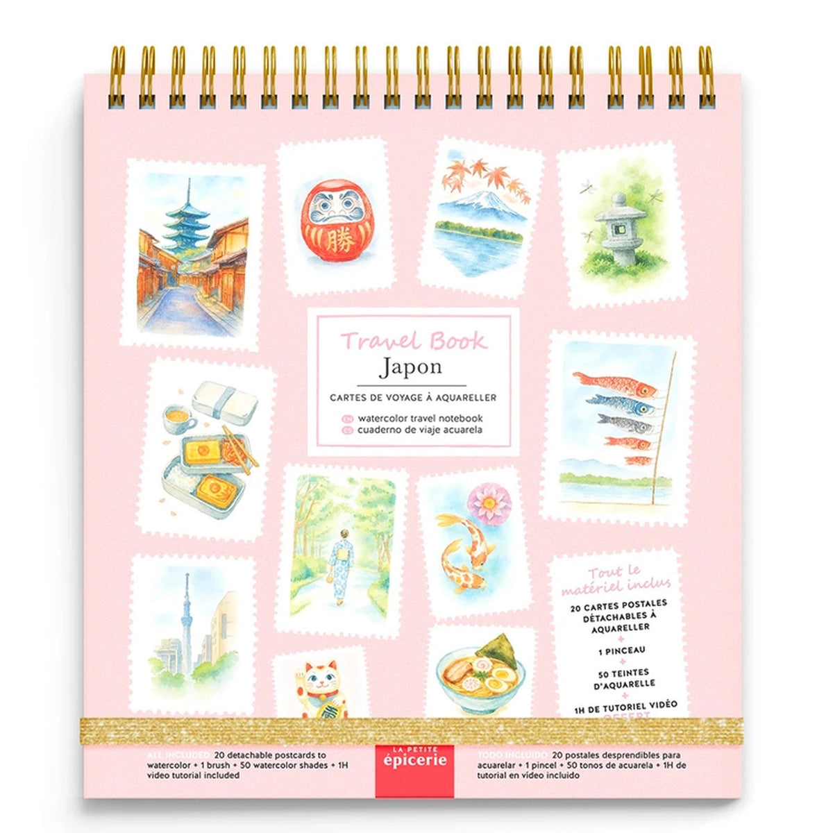 Carnet d'aquarelle ouvert, motifs japonais en détail