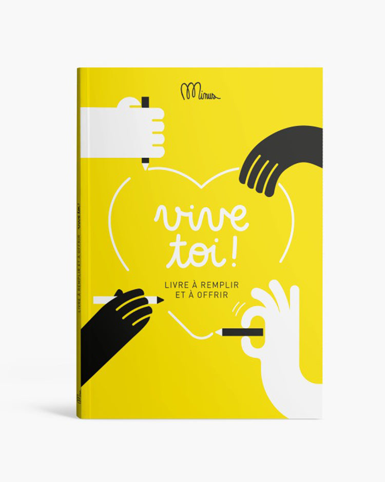Carnet 'Vive toi !' ouvert, pages blanches avec illustrations humoristiques.