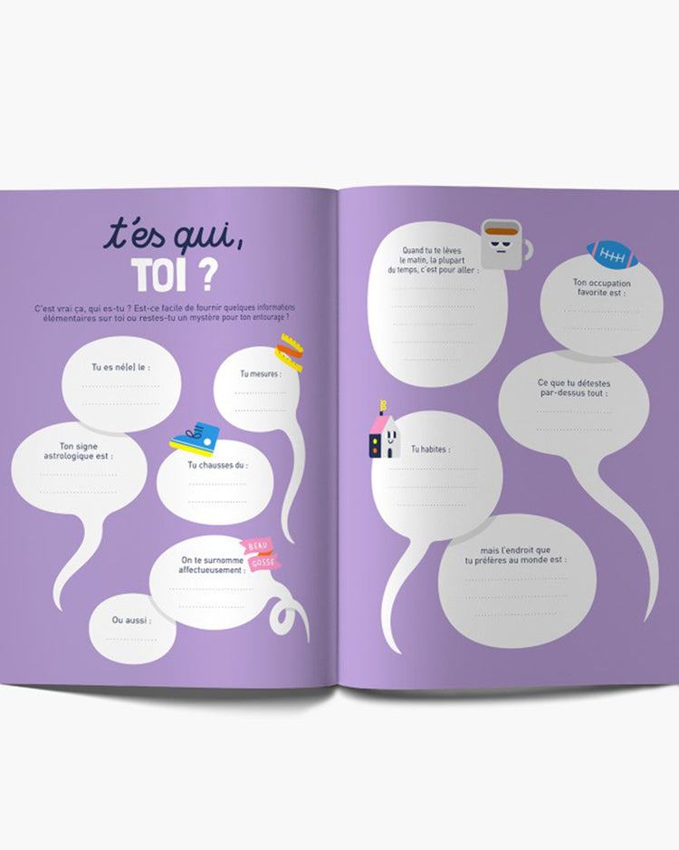 Carnet 'Vive toi !' ouvert, pages blanches avec illustrations humoristiques.