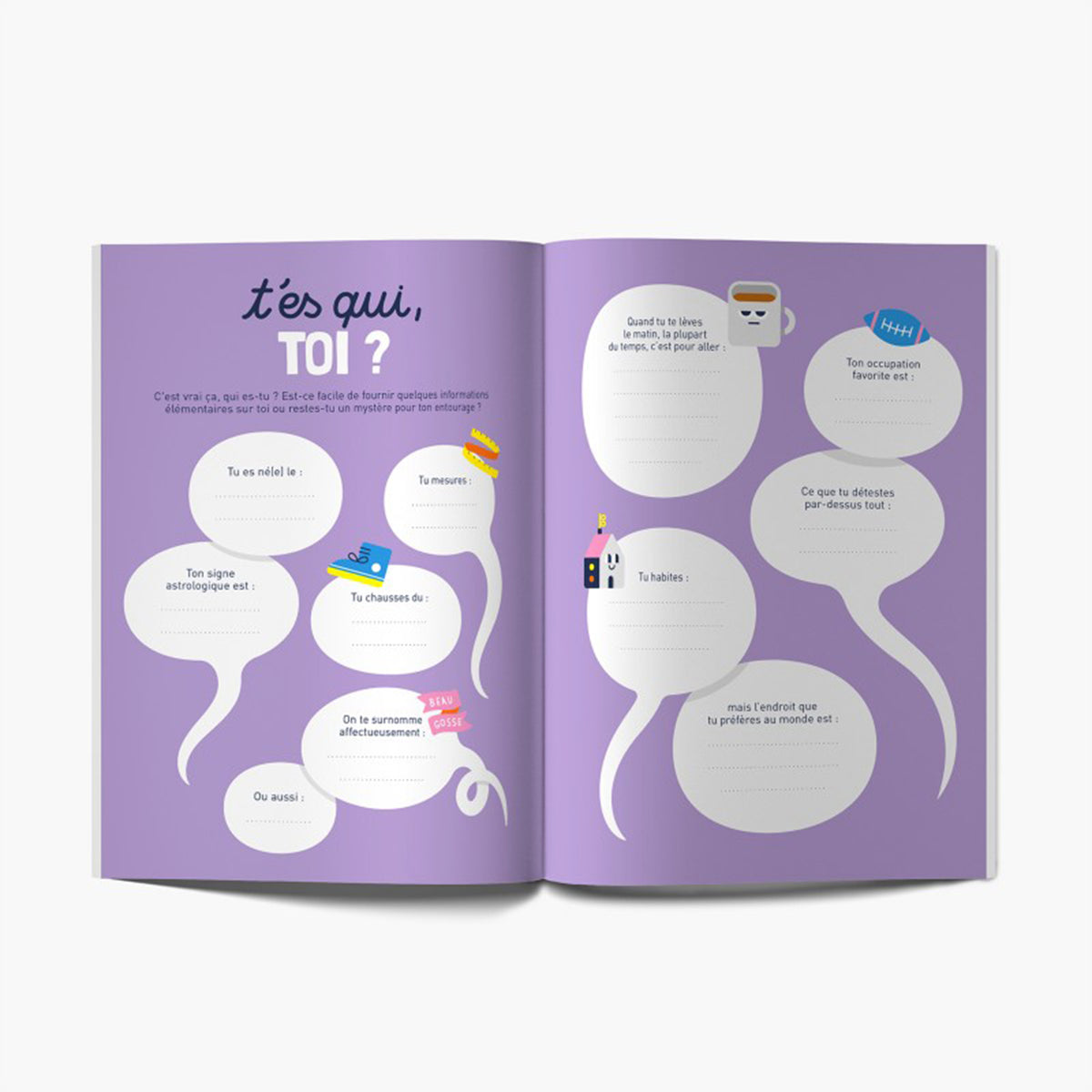 Carnet 'Vive toi !' ouvert, pages blanches avec illustrations humoristiques.