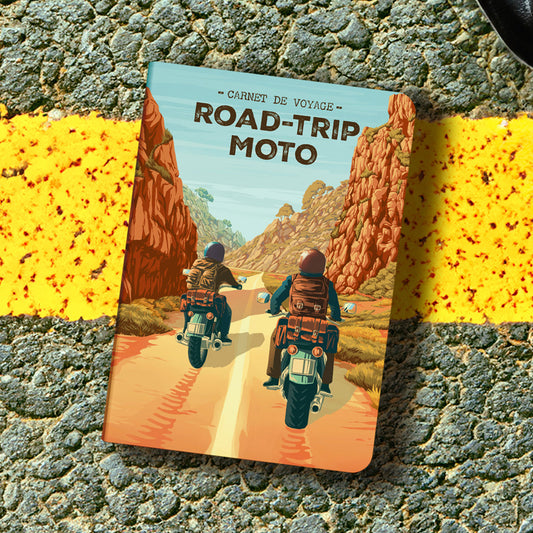 Carnet de voyage moto avec couverture en cuir texturé