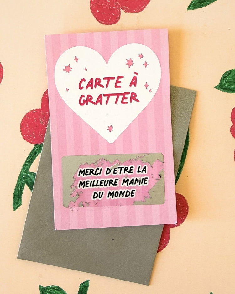 Carte à gratter avec message pour mamie, design coloré et joyeux