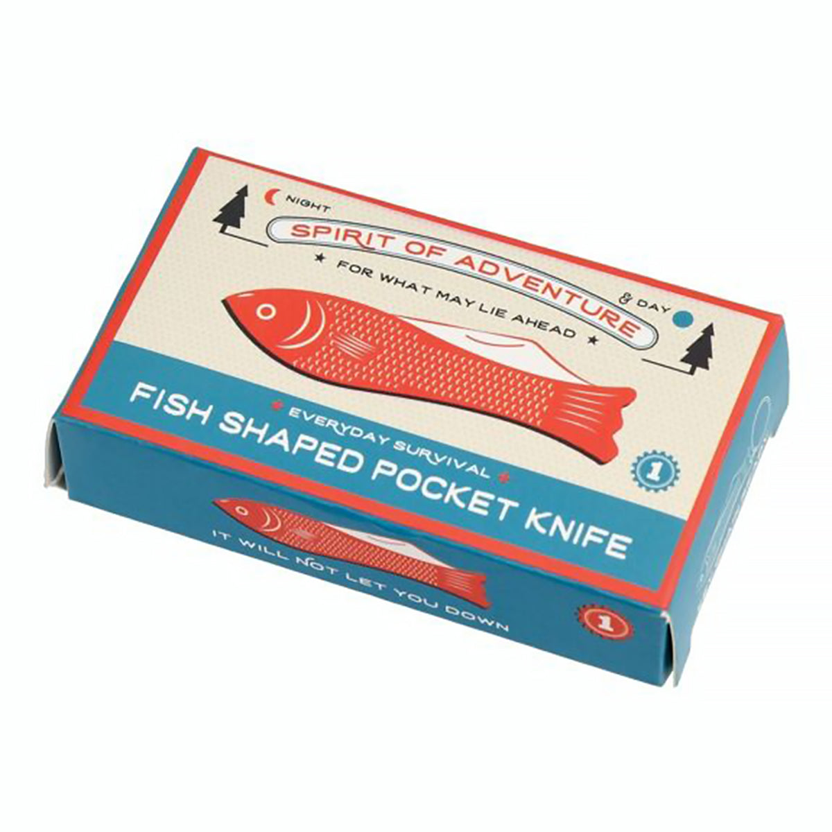 Porte-clés en forme de poisson avec lame visible et texture métallique.